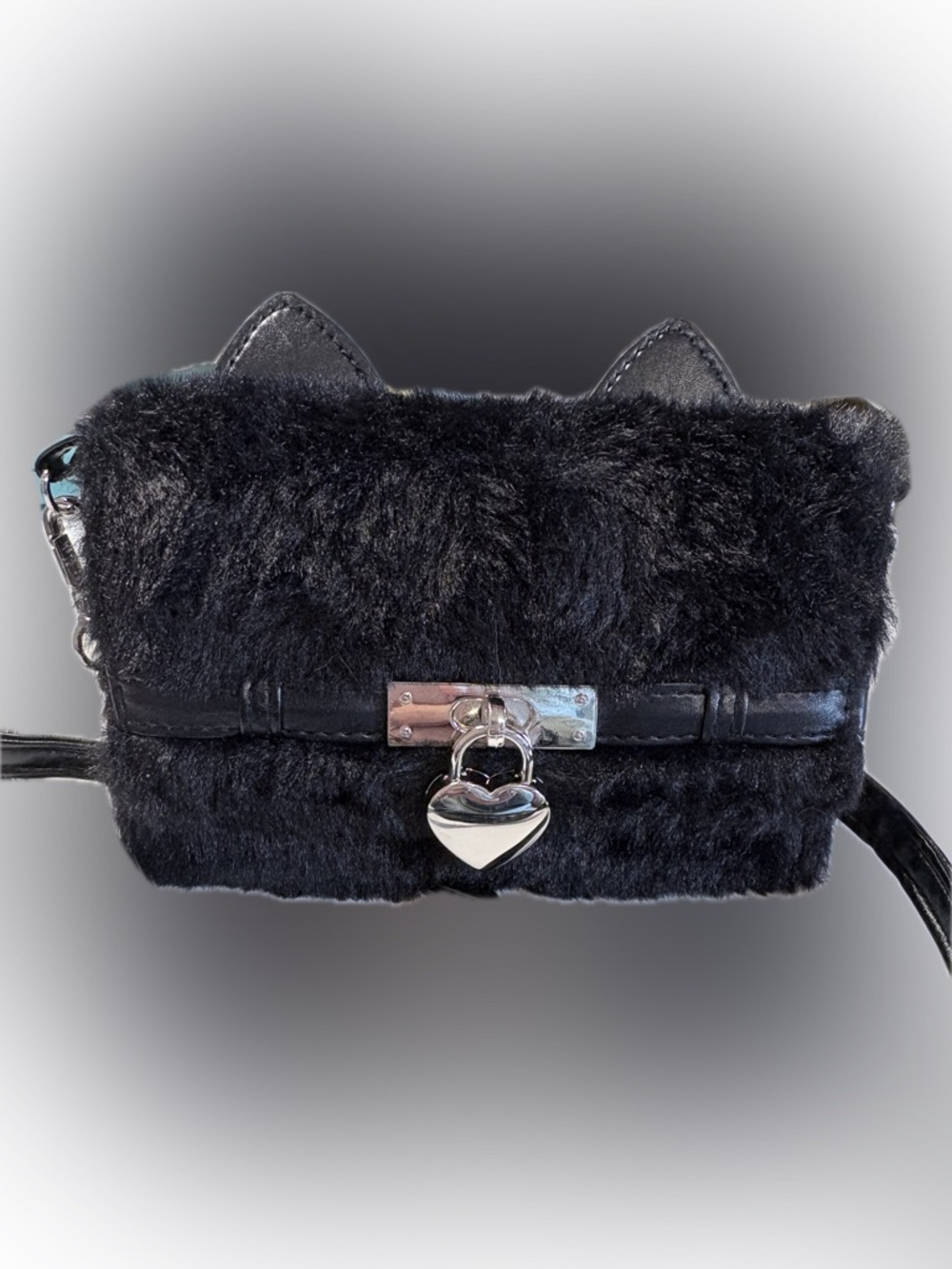 Black Kitty Cat Faux Fur Mini Crossbody Wallet Bag by Claire’s